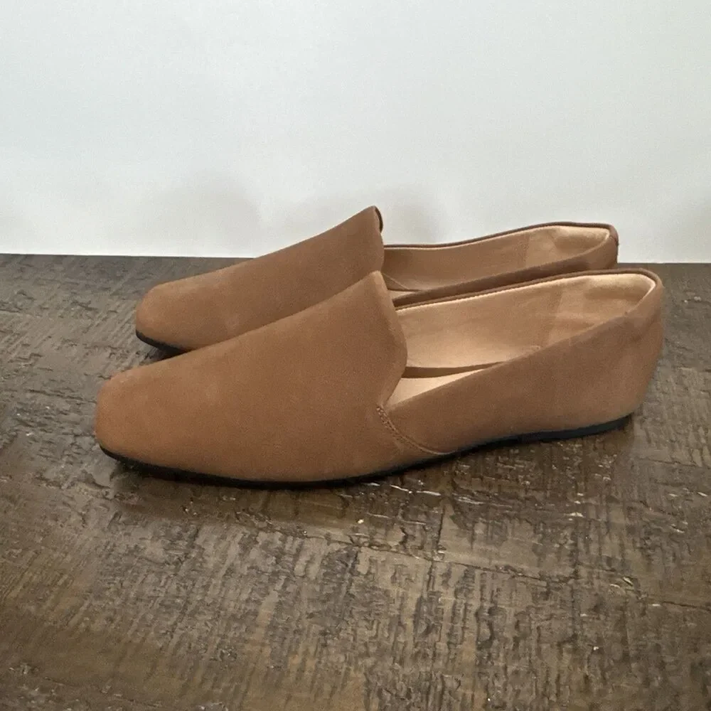 Clarks Womens Pure Slip Loafers Size 11.5 Camel Tan Suede Flats Shoes Square Toe